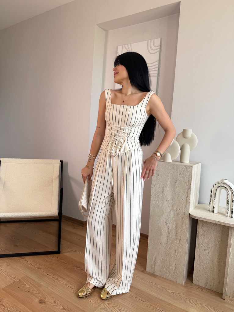 Çizgili tensel korse bluz Palazzo takım 
