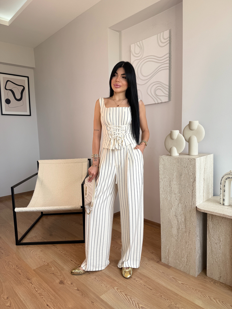 Çizgili tensel korse bluz Palazzo takım 