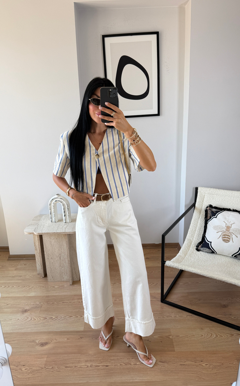 EKRU KEMERLİ DOUBLE PAÇA DETAYLI JEAN 