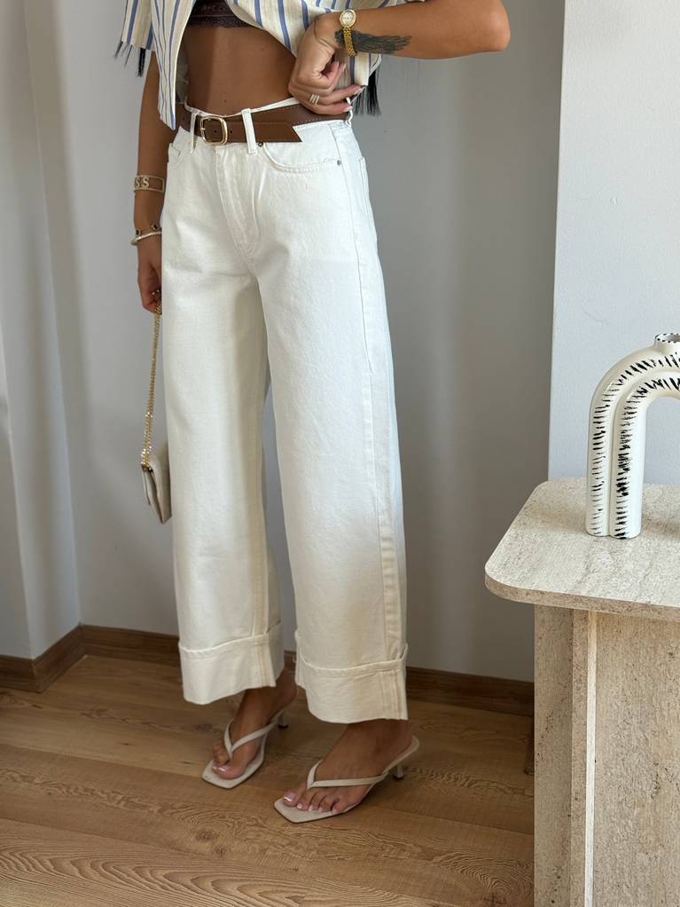 EKRU KEMERLİ DOUBLE PAÇA DETAYLI JEAN 