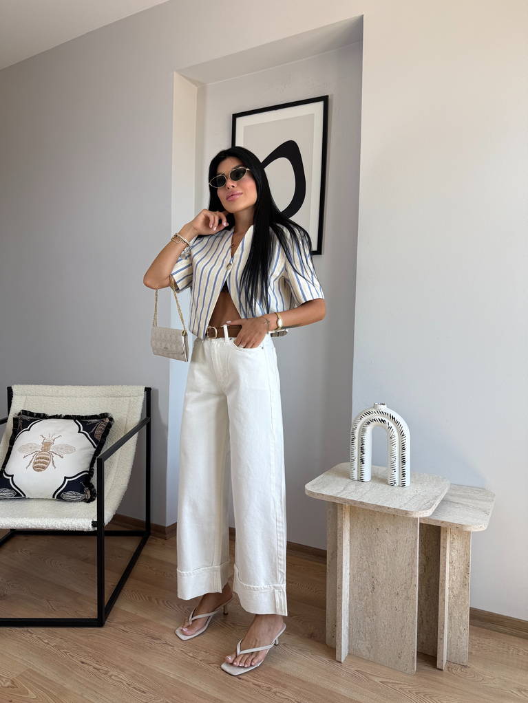 EKRU KEMERLİ DOUBLE PAÇA DETAYLI JEAN 