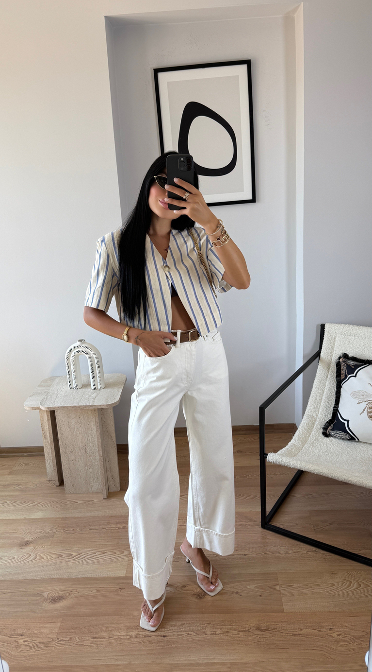 EKRU KEMERLİ DOUBLE PAÇA DETAYLI JEAN 