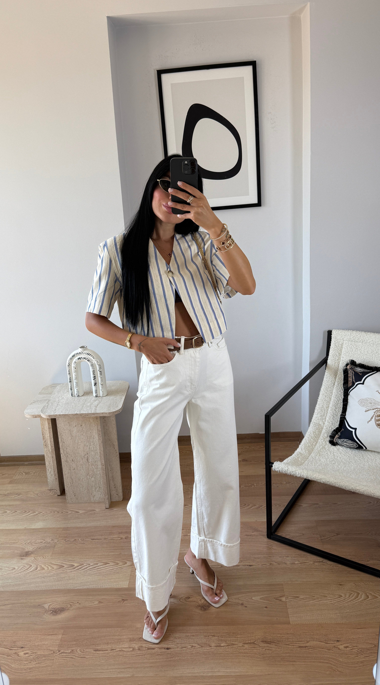 EKRU KEMERLİ DOUBLE PAÇA DETAYLI JEAN 