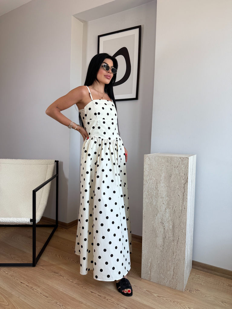 EKRU PUANTİYE BEL VE STRAPLEZ DETAYLI MAXİ POPLİN ELBİSE