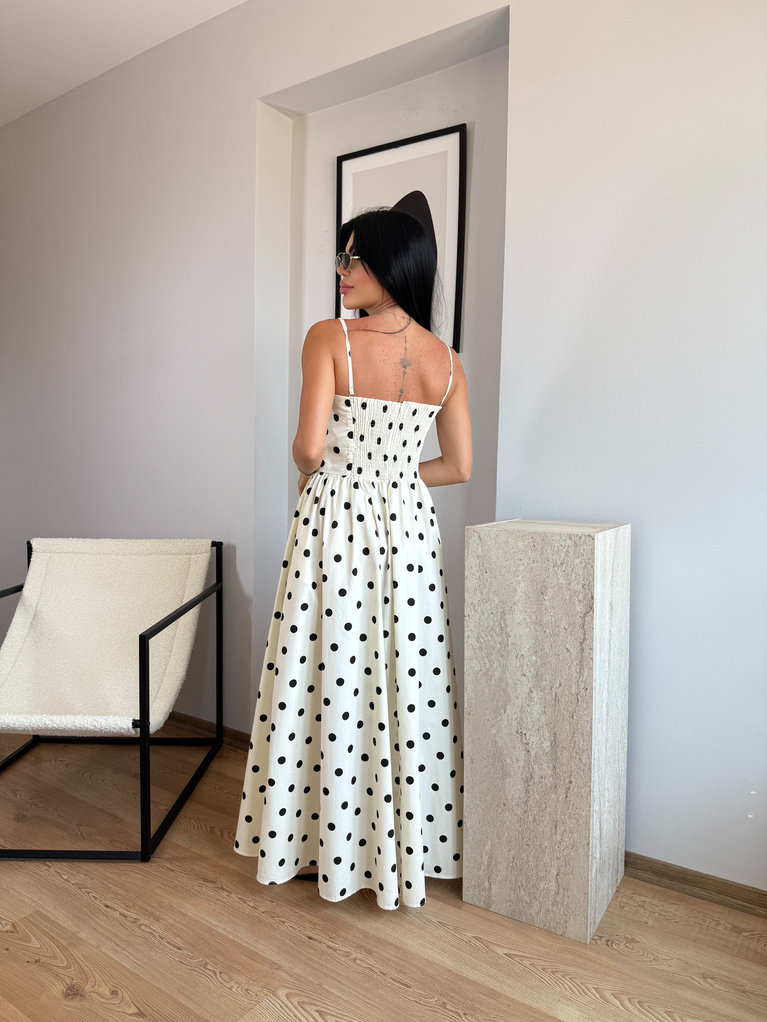 EKRU PUANTİYE BEL VE STRAPLEZ DETAYLI MAXİ POPLİN ELBİSE