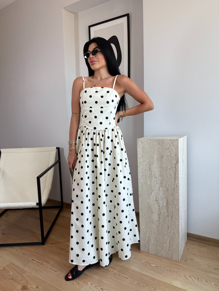 EKRU PUANTİYE BEL VE STRAPLEZ DETAYLI MAXİ POPLİN ELBİSE