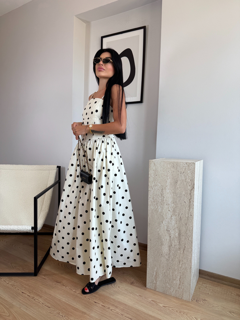 EKRU PUANTİYE BEL VE STRAPLEZ DETAYLI MAXİ POPLİN ELBİSE