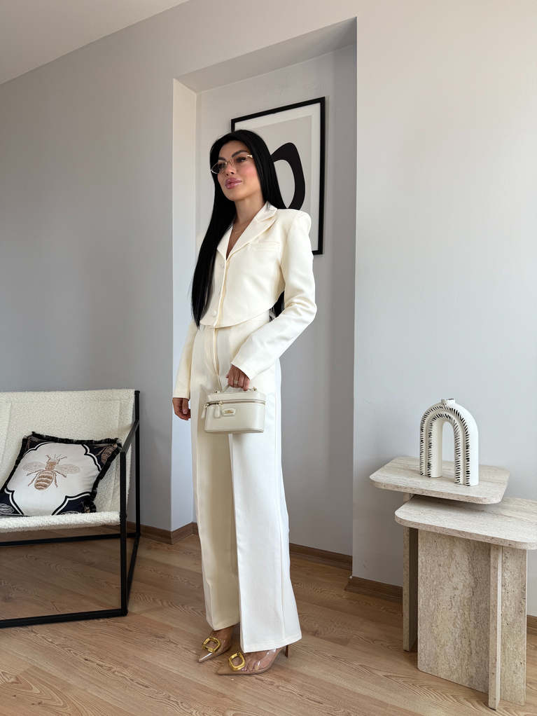 EKRU TASARIM SIRT DEKOLTELİ CEKET PALAZZO TAKIM