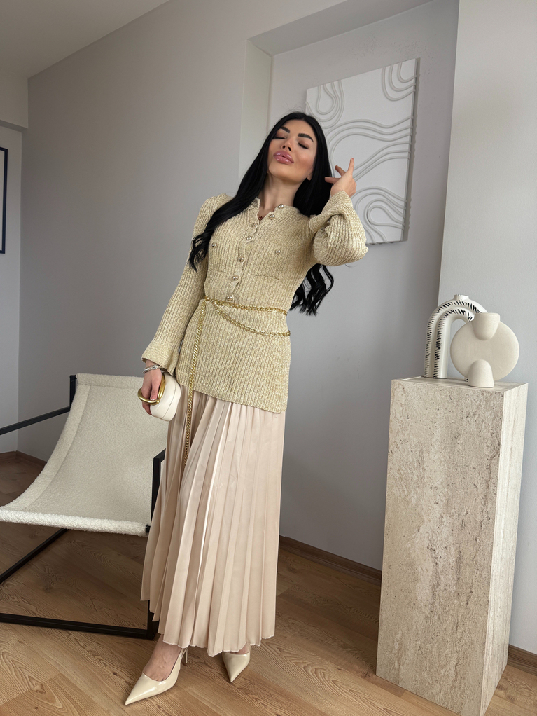 GOLD YALDIZLI TRİKO BEJ SATEN ETEK TAKIM