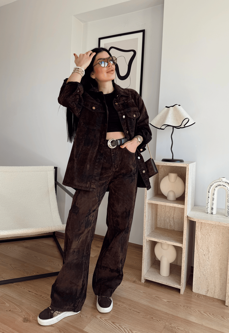 KADİFE KAHVE DESENLİ GÖMLEK PALAZZO TAKIM