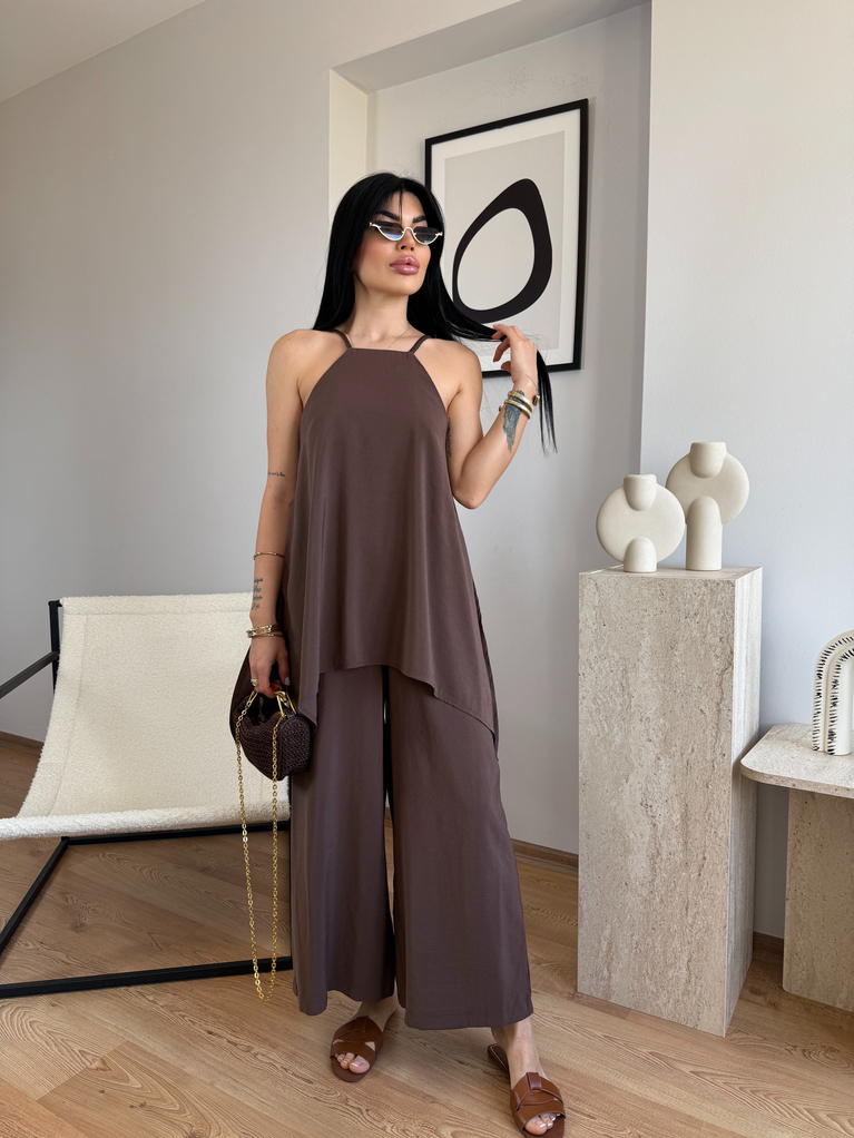 KAHVERENGİ DERİ ÖRGÜ ASKI DETAYLI SALAŞ TULUM