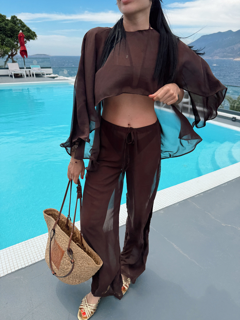 KAHVERENGİ ŞİFON BEACHWEAR PELERİN TAKIM 
