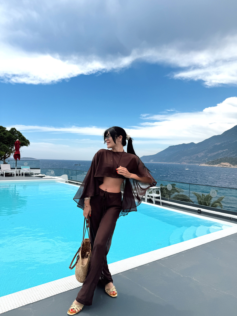KAHVERENGİ ŞİFON BEACHWEAR PELERİN TAKIM 