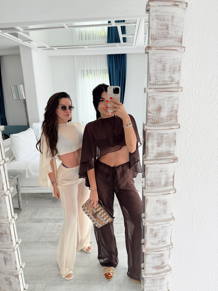 KAHVERENGİ ŞİFON BEACHWEAR PELERİN TAKIM 