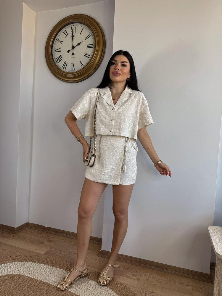 KETEN BOHEM NAKIŞLI ŞORT ETEK GÖMLEK TAKIM