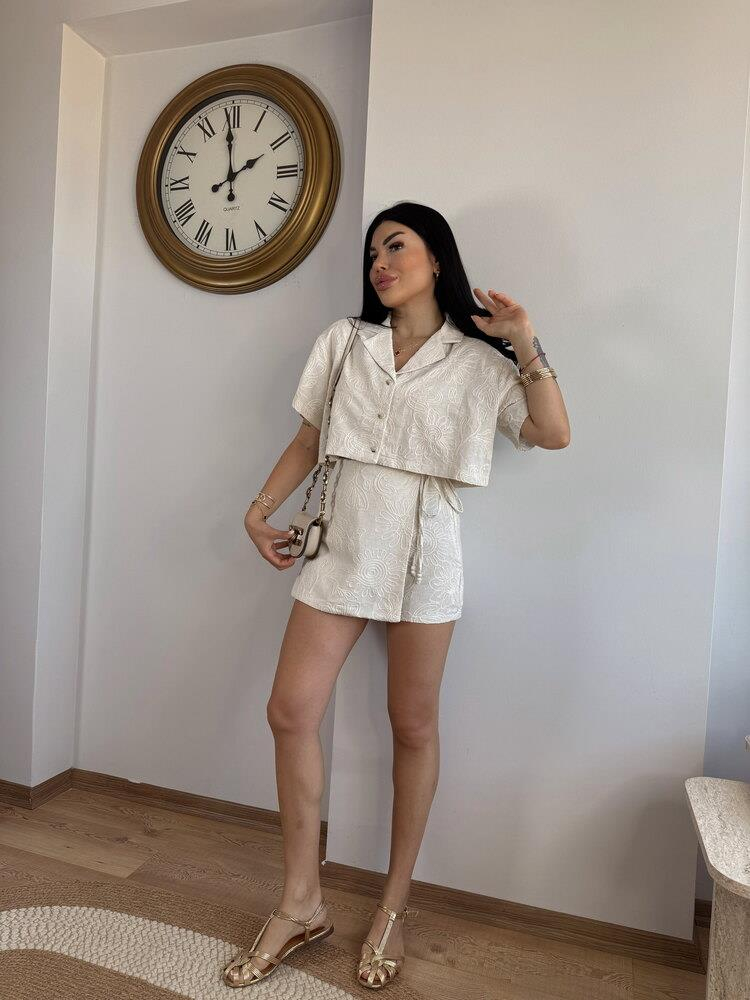 KETEN BOHEM NAKIŞLI ŞORT ETEK GÖMLEK TAKIM