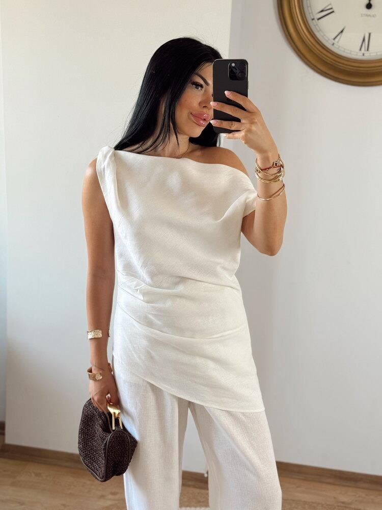 KETEN EKRU PANTOLON BLUZ TAKIM TASARIM