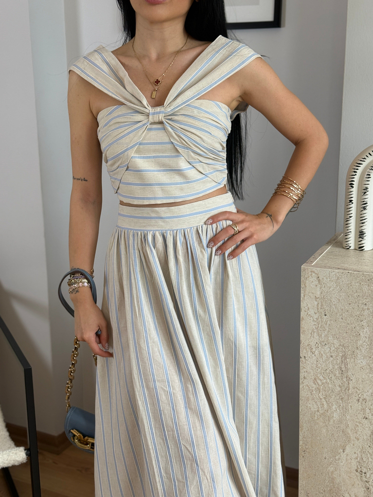 KETEN MAVİ ÇİZGİ ETEK CROP TAKIM