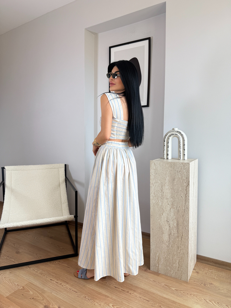 KETEN MAVİ ÇİZGİ ETEK CROP TAKIM