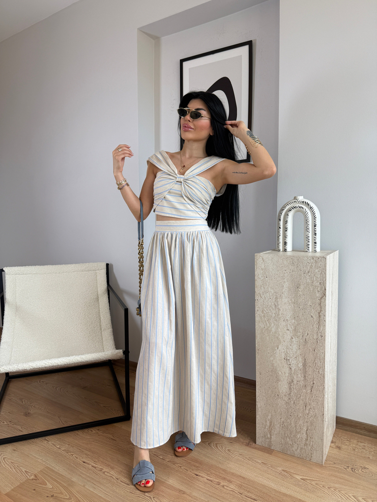 KETEN MAVİ ÇİZGİ ETEK CROP TAKIM