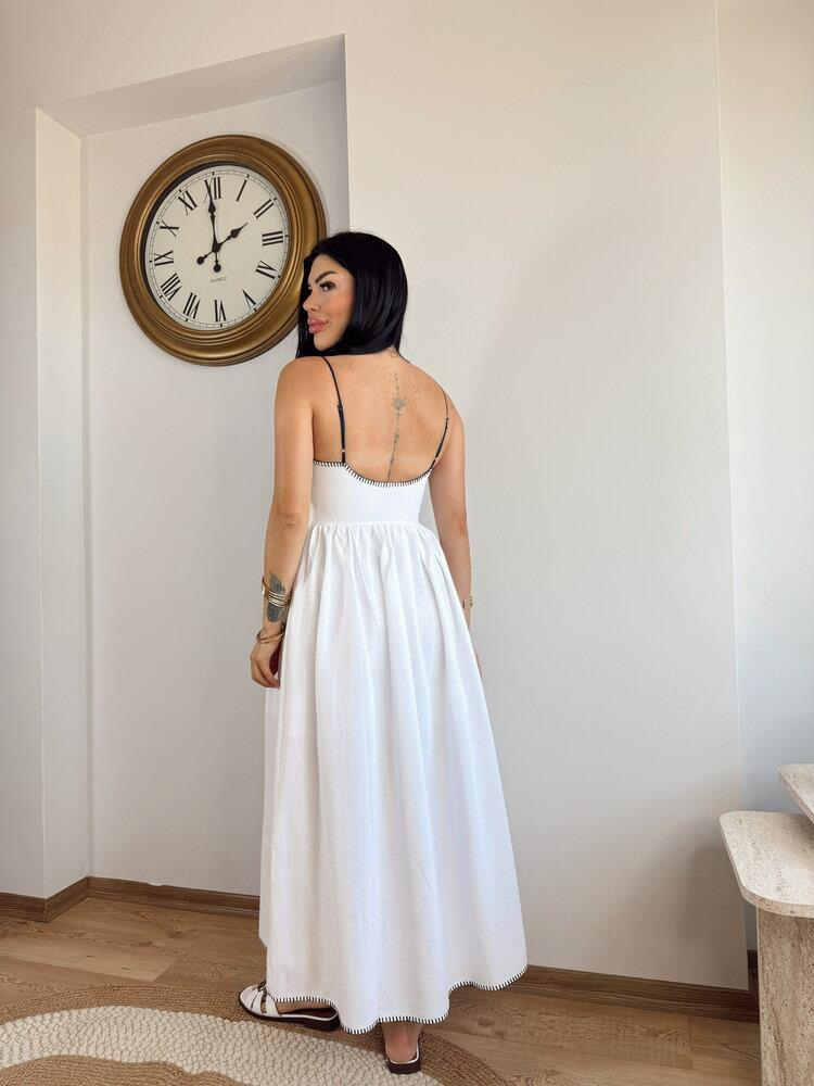 KETEN ÖNÜ NAKIŞLI ASTARLI ÇOBAN DİKİŞLİ BEYAZ ELBİSE