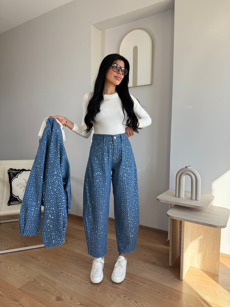 KOYU MAVİ PULLU KUMAŞ İÇİ ASTAR DETAYLI BALON PANTOLON (yüksek bel)