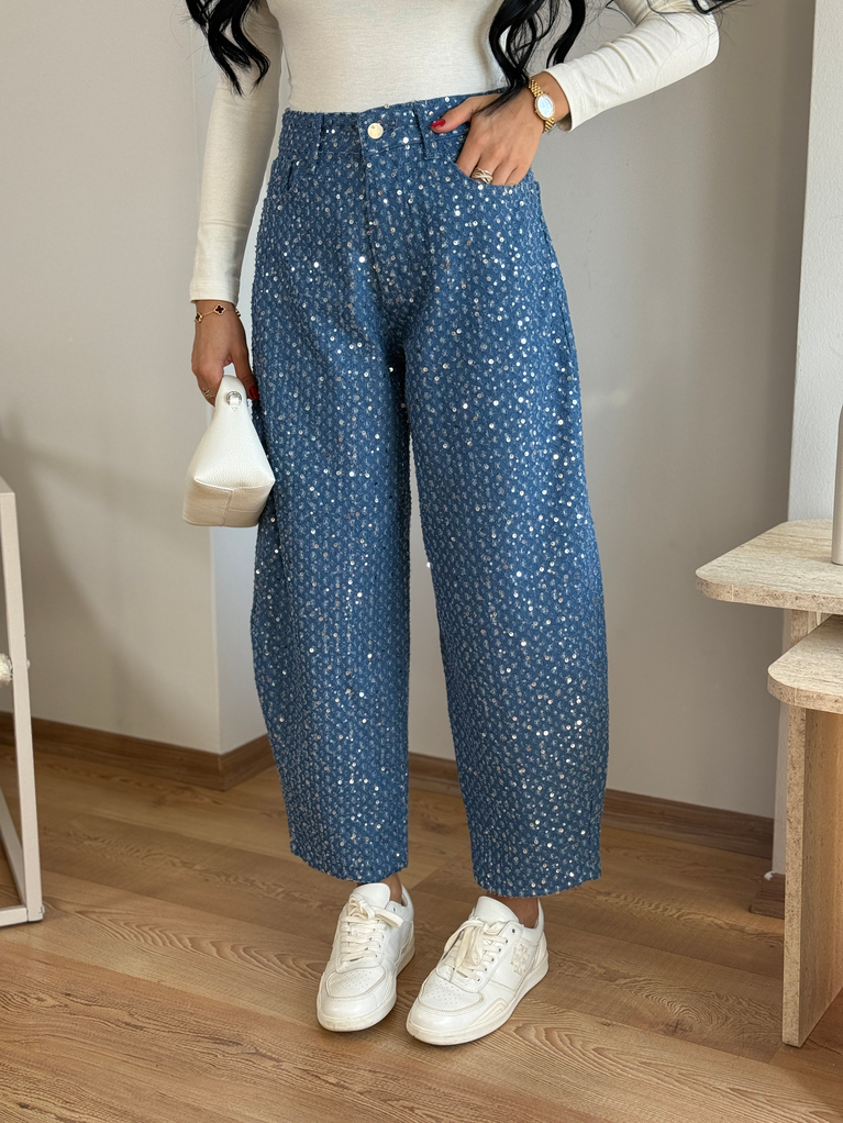 KOYU MAVİ PULLU KUMAŞ İÇİ ASTAR DETAYLI BALON PANTOLON (yüksek bel)