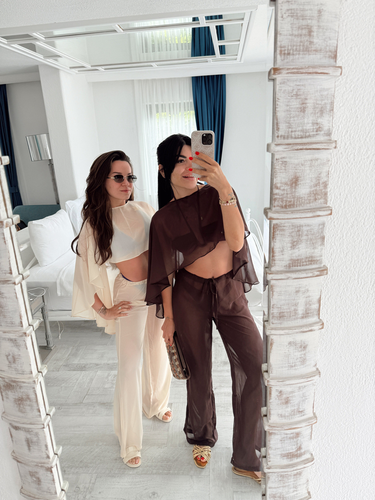 KREM PELERİN PANTOLON ŞİFON BEACHWEAR TAKIM 