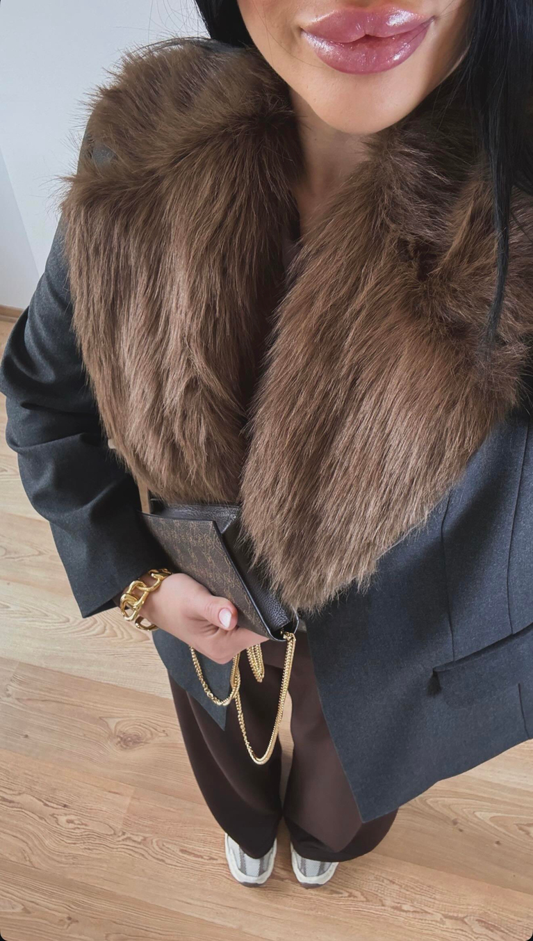 KÜRK YAKA ANTRASİT BLAZER CEKET