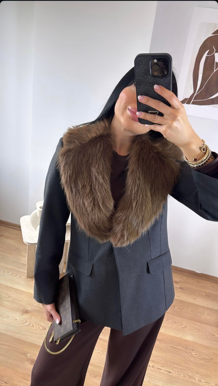 KÜRK YAKA ANTRASİT BLAZER CEKET