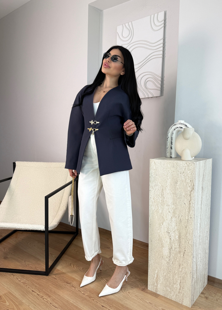LACİVERT KANCA DETAYLI BLAZER CEKET