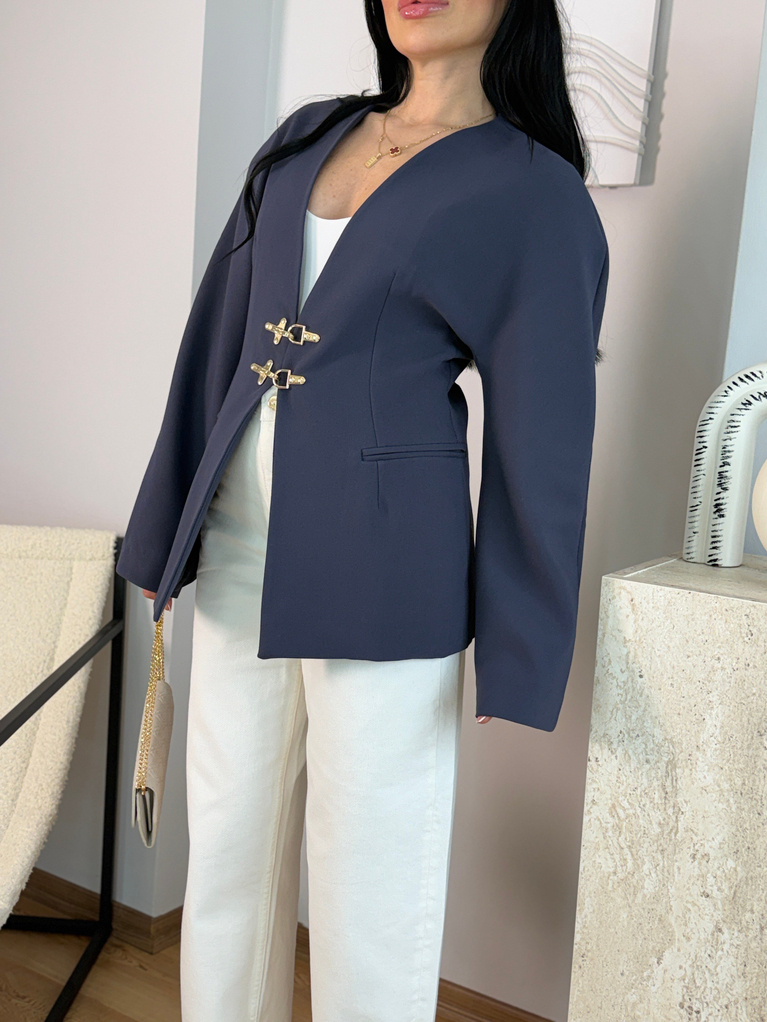 LACİVERT KANCA DETAYLI BLAZER CEKET