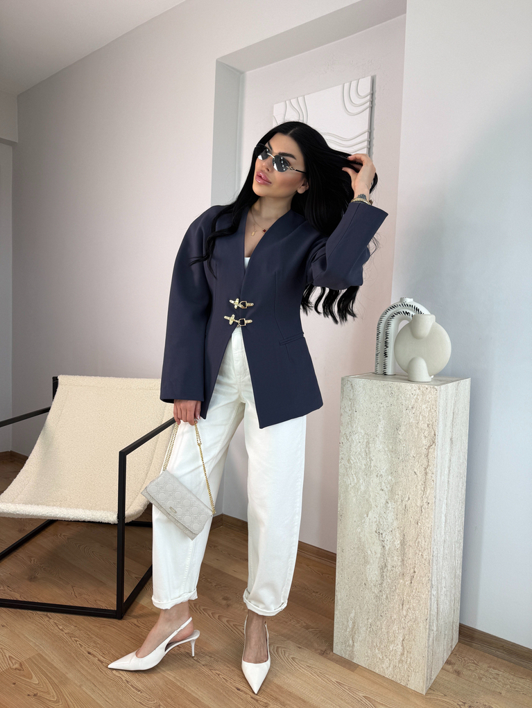 LACİVERT KANCA DETAYLI BLAZER CEKET