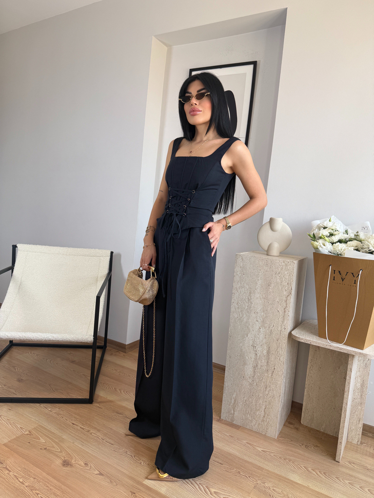 LACİVERT KETEN KORSE DETAYLI BLUZ PALAZZO TAKIM