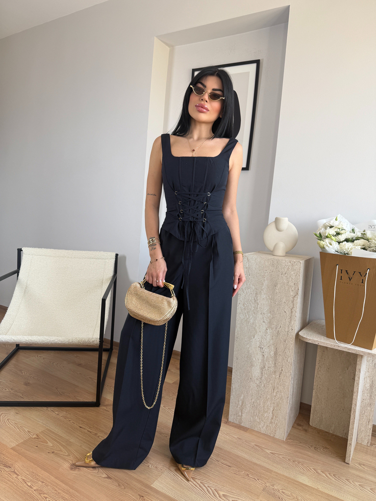 LACİVERT KETEN KORSE DETAYLI BLUZ PALAZZO TAKIM