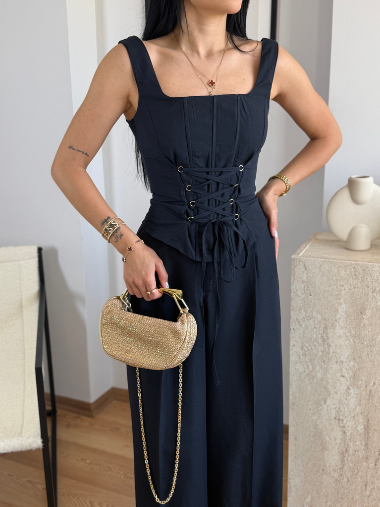 LACİVERT KETEN KORSE DETAYLI BLUZ PALAZZO TAKIM
