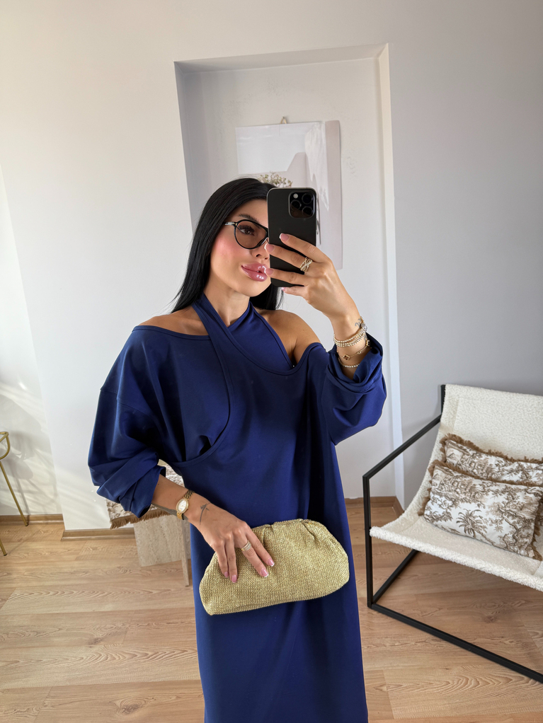 LACİVERT YAKA TASARIM DETAYLI MODAL BASİC ELBİSE 