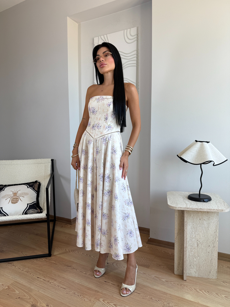 LERA TASARIM STRAPLEZ DESENLİ ELBİSE