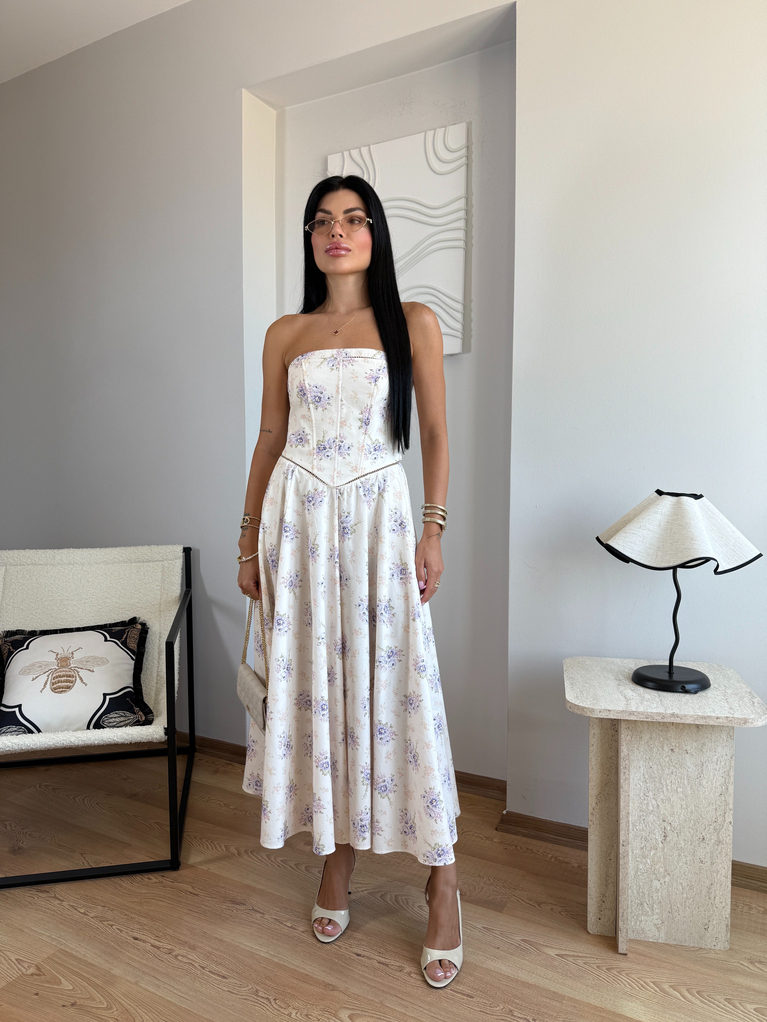 LERA TASARIM STRAPLEZ DESENLİ ELBİSE