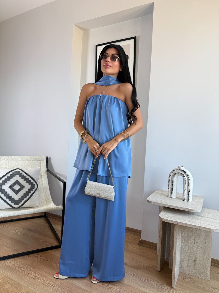 MAVİ TOK SATEN STRAPLEZ BLUZ DÖKÜMLÜ PALAZZO TAKIM 