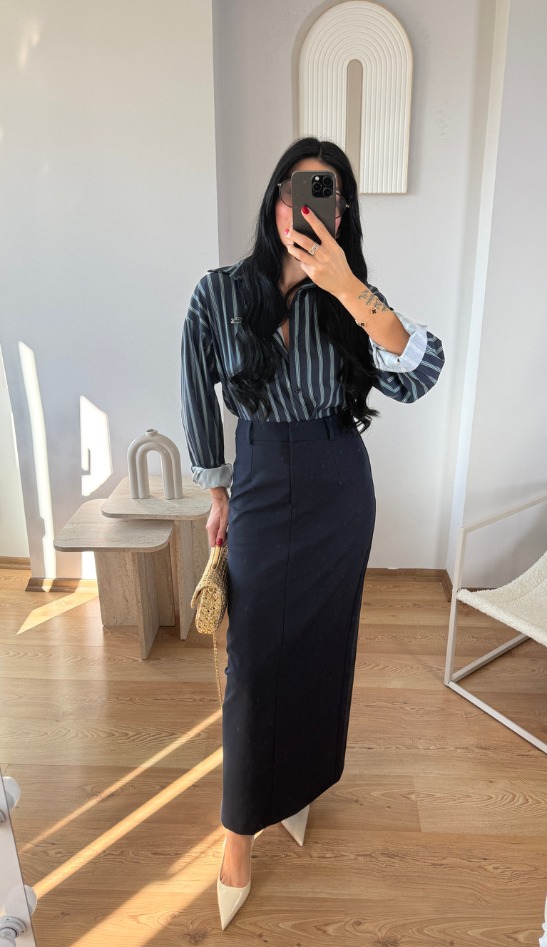 MAXİ BOY LACİVERT KALEM ETEK