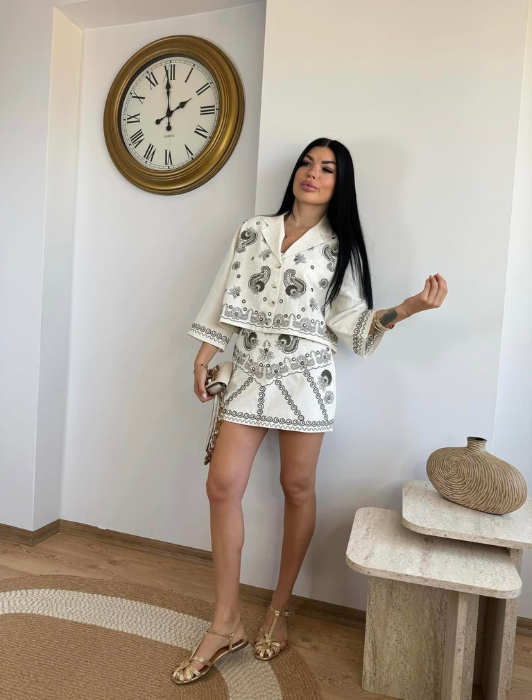 NAKIŞLI KETEN TASARIM MİNİ ETEK GÖMLEK TAKIM
