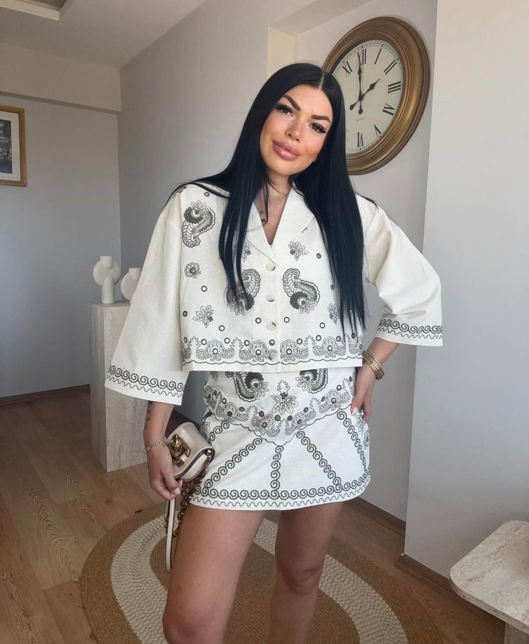 NAKIŞLI KETEN TASARIM MİNİ ETEK GÖMLEK TAKIM