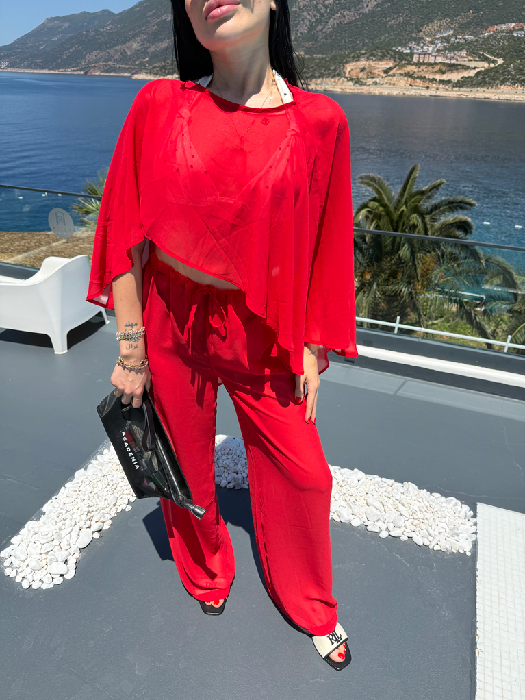 NAR ÇİÇEĞİ RENK ŞİFON BEACHWEAR PELERİN TAKIM 