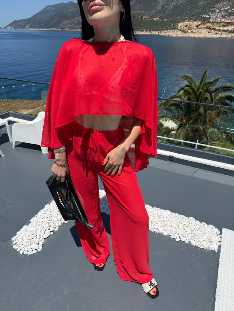 NAR ÇİÇEĞİ RENK ŞİFON BEACHWEAR PELERİN TAKIM 
