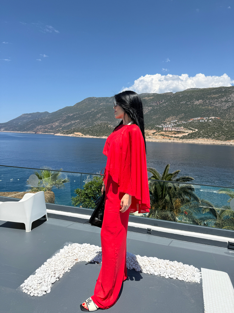 NAR ÇİÇEĞİ RENK ŞİFON BEACHWEAR PELERİN TAKIM 