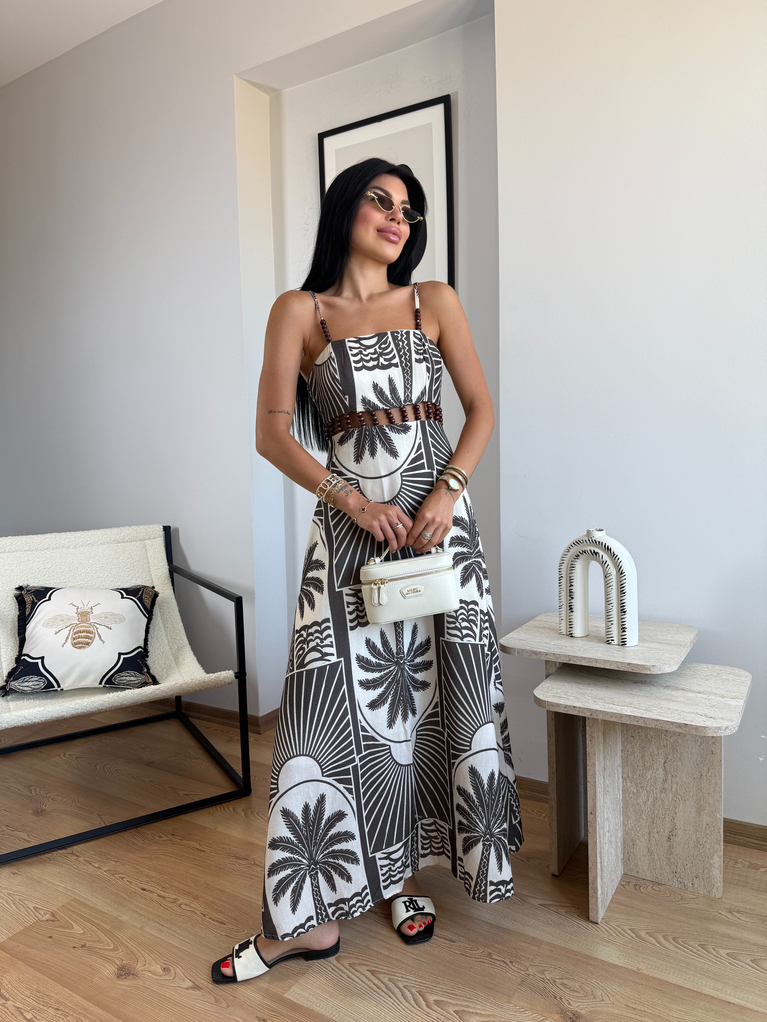 PALMİYE  DESEN BONCUK DETAYLI KETEN ASTARLI ELBİSE
