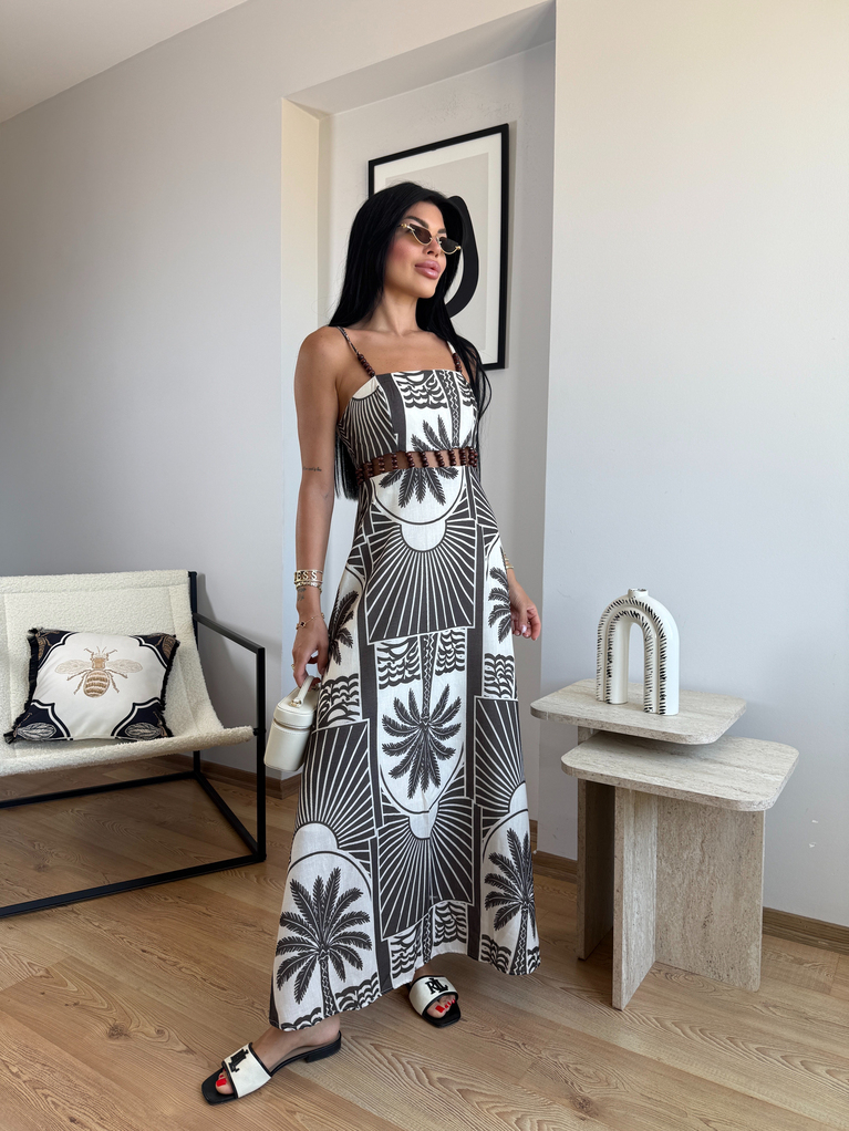 PALMİYE  DESEN BONCUK DETAYLI KETEN ASTARLI ELBİSE
