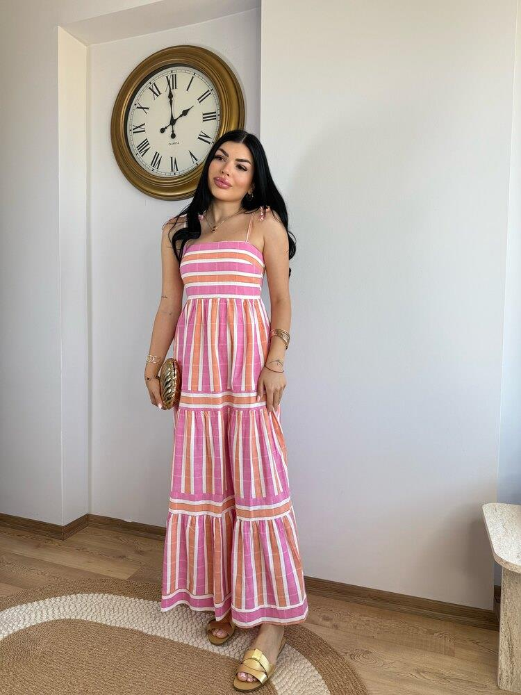 PEMBE ÇİZGİLİ KETEN UZUN ELBİSE