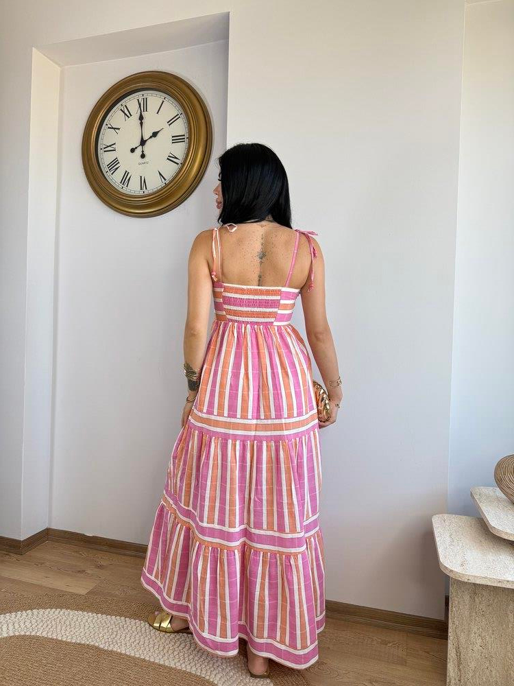 PEMBE ÇİZGİLİ KETEN UZUN ELBİSE